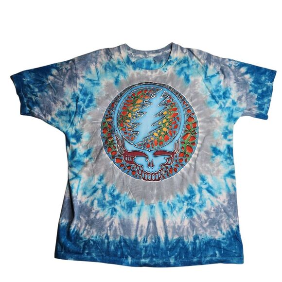 2000 Liquid‎ Blue Grateful Dead Fractal Stealie Blue Tie-Dye Shirt Size Large - Picture 1 of 8